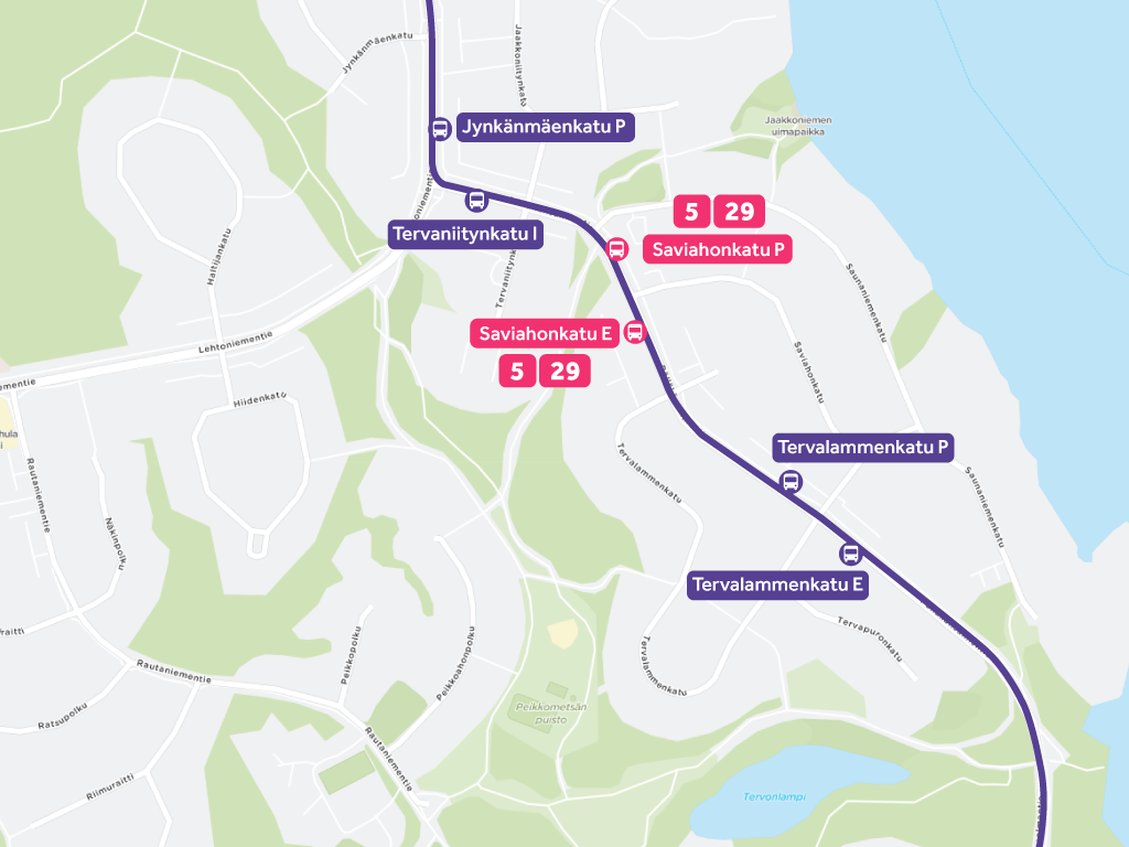 Kuvassa Saviahonkadun pysäkit kartalla