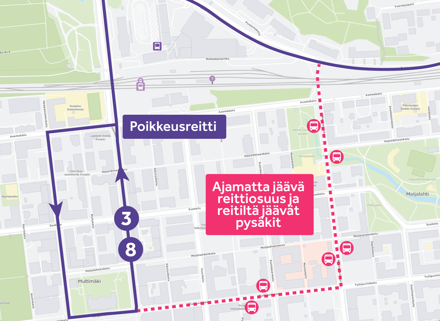 Kuvassa linjojen 3 ja 8 poikkeusreitti