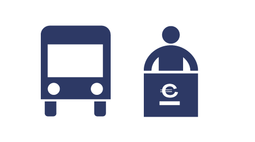 Kuvassa bussi ja lipunmyyntipiste