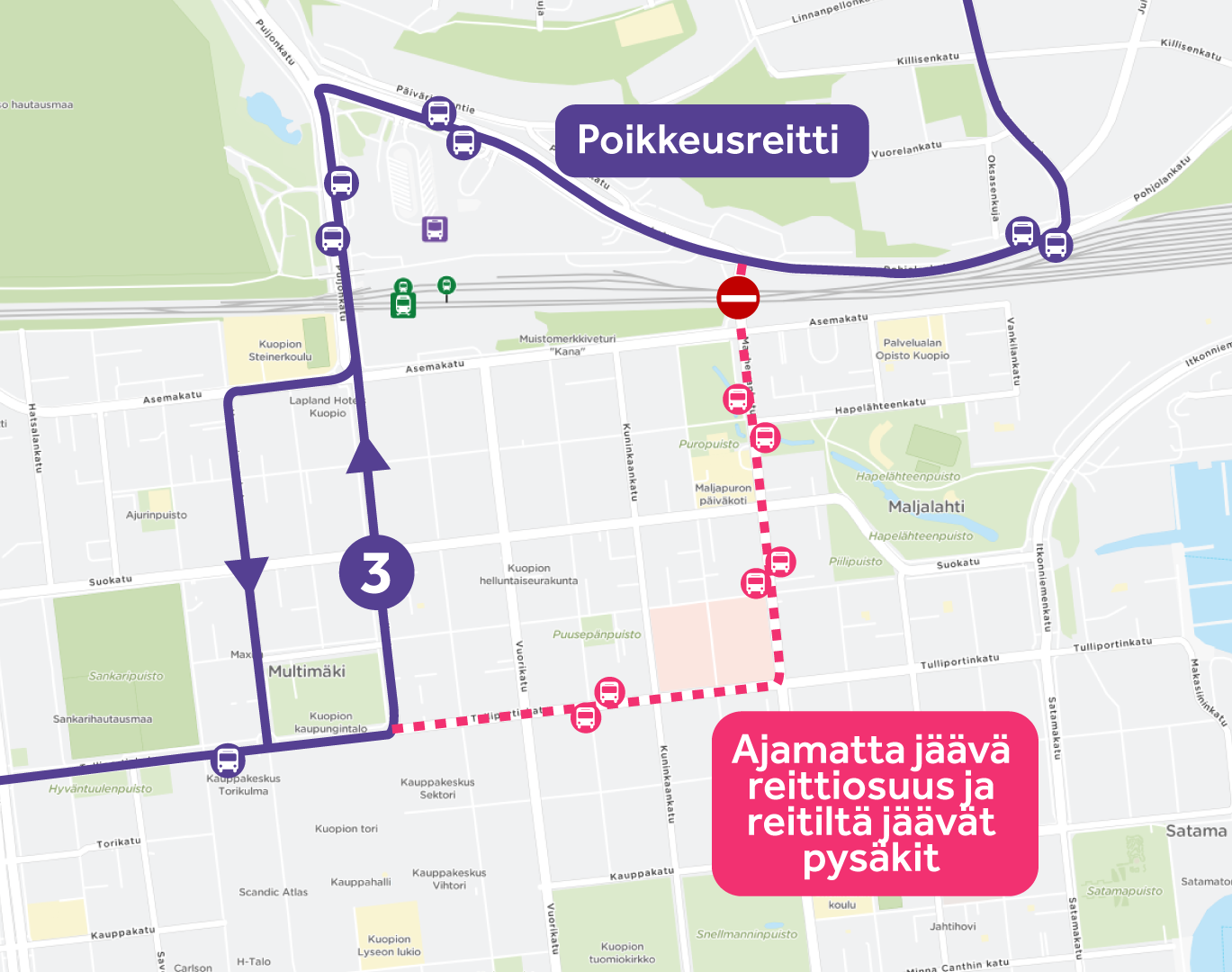 Kuvassa linjan 3 poikkeusreitti
