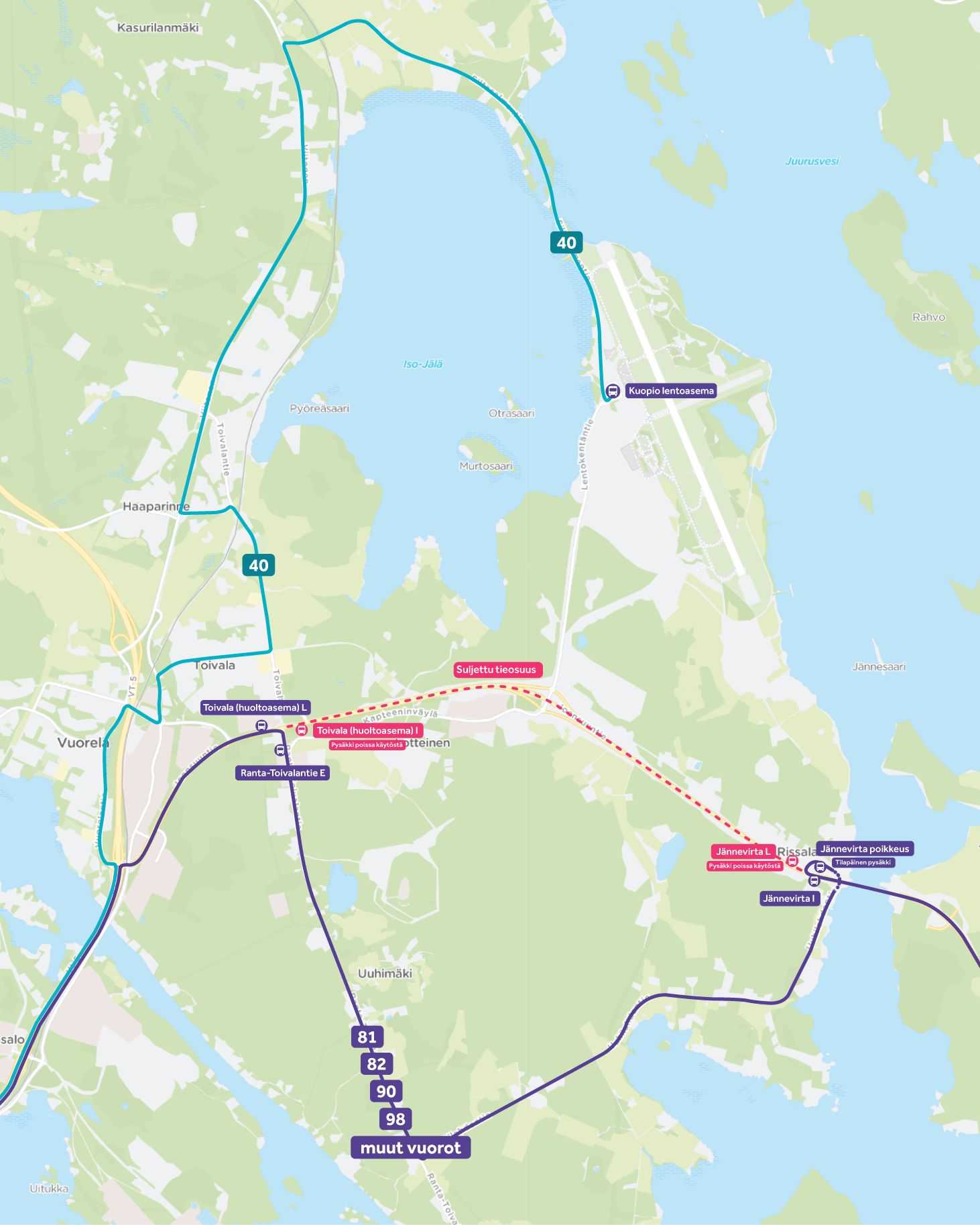 Kuvassa Rissalan poikkeusreitit